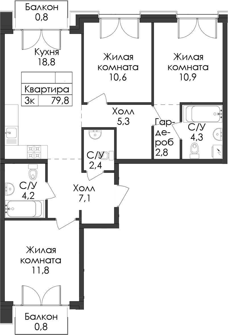 3-комнатная квартира 79.8 м², 7/9 эт., ЖК «Лермонтовский 54»